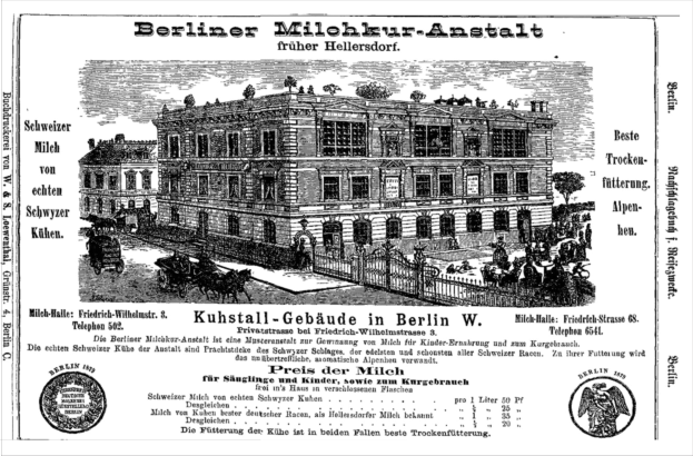 Schwarze und weiße Anzeige für ein Gebäude in Berlin, Deutschland, mit Text und einem Bild der Struktur.