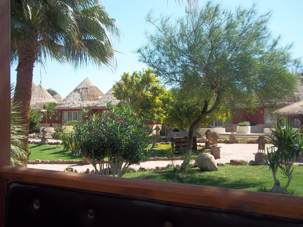 Ein Resort-Blick mit Hütten, Grünpflanzen, Felsen und einer Bank unter einem Himmel-Hintergrund.