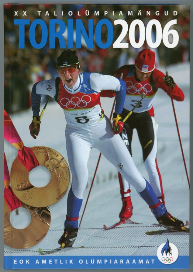 Ein Plakat der Olympischen Spiele 2006 in Turin, Italien, das zwei Skifahrer auf Schnee zeigt mit 'Torino 2006' darüber geschrieben.