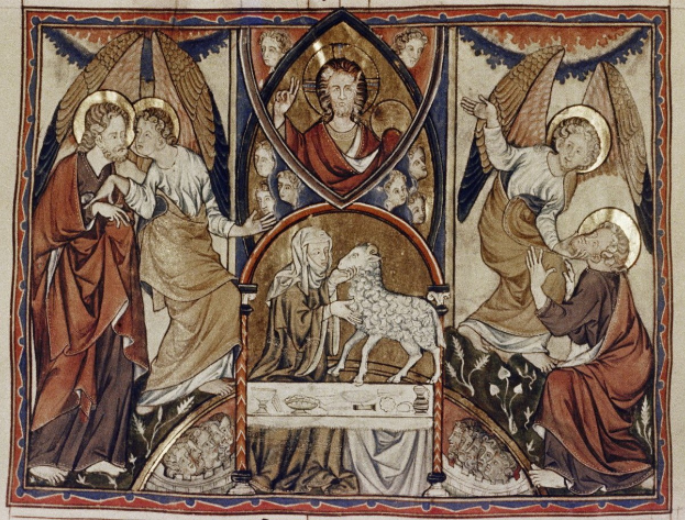 Illuminierte Handschriftenseite, die die Geburt Jesu und Maria Magdalena zeigt, mit Menschen in traditioneller Kleidung um einen Tisch versammelt, der ein zentrales Schaf enthält.