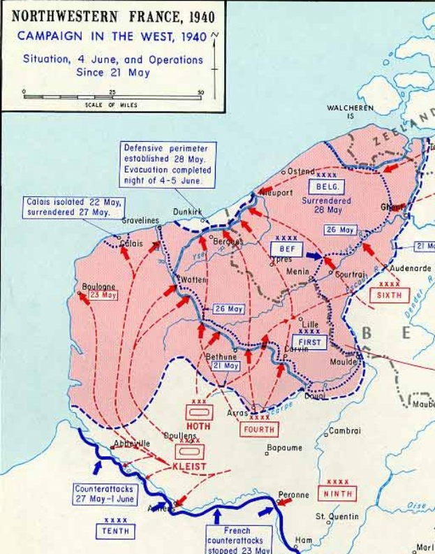 Plakat, das eine detaillierte Karte von Nordfrankreich mit Text und Zahlen zeigt, die sich auf den Westfeldzug von 1940 beziehen.