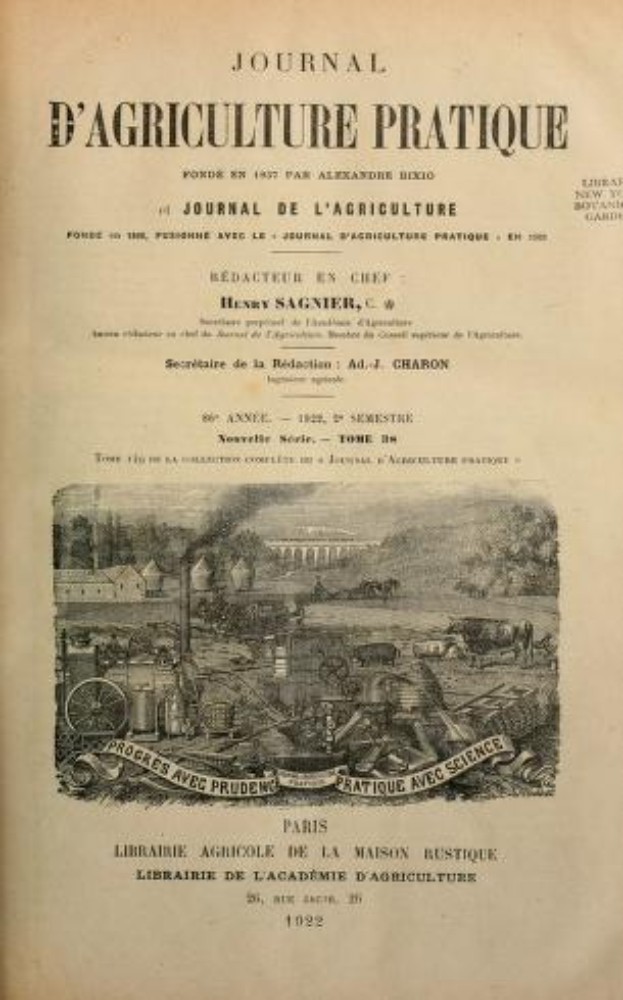 Ein altes Buch mit dem Titel "Journal d'Agriculture Pratique" und einem Farmbild auf dem Cover und Text auf dem Umschlag.