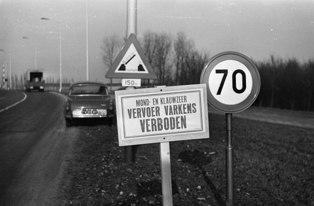 Ein Schwarz-Weiß-Foto eines Geschwindigkeitsbegrenzungsschildes am Straßenrand mit einem vorbeifahrenden Auto, Bäumen, Pfählen und einem klaren Himmel im Hintergrund.