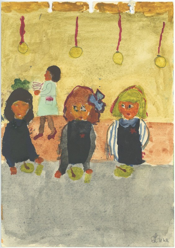 Gemälde von drei Kindern in festlicher Kleidung, die auf einer Bank vor einer Wand mit Weihnachtschmuck, bunten Orchideen und anderen Festdekorationen sitzen und lächeln.