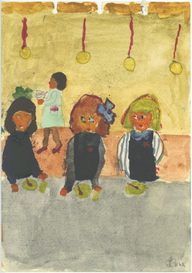 Gemälde von drei Kindern in festlicher Kleidung, die auf einer Bank vor einer Wand mit Weihnachtschmuck, bunten Orchideen und anderen Festdekorationen sitzen und lächeln.