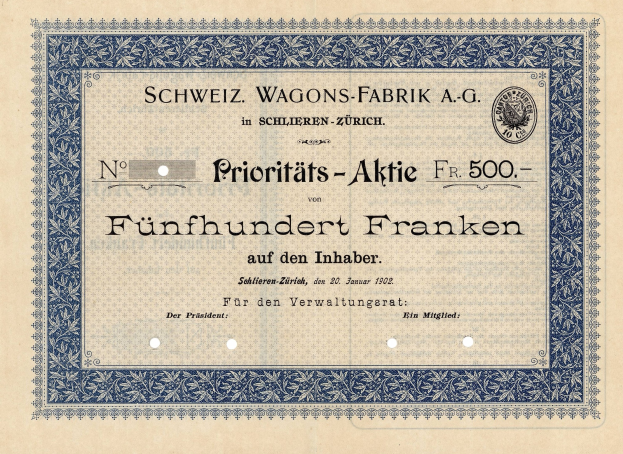 Ein altes deutsches Aktienzertifikat mit blauer Umrandung und der Aufschrift "Schweiz Wagons-Fabrik A.G."