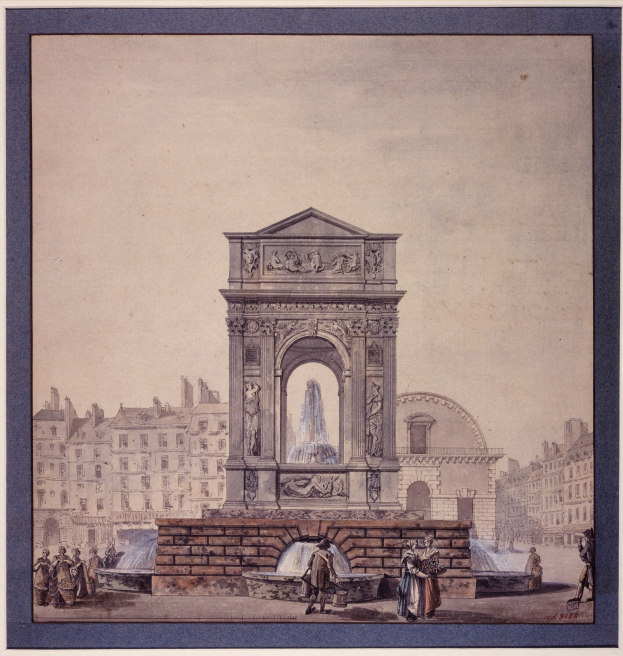 Ein gerahmtes Bild einer Brunnenanlage inmitten eines Stadtplatzes mit umliegenden Gebäuden und Menschen.