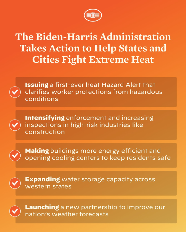 Plakat mit der Überschrift "Die Biden-Harris-Verwaltung setzt sich für den Kampf gegen extreme Hitze in Bundesstaaten und Städten ein" und einem roten und weißen Schild-Design mit einem Blitz, eingerahmt von einem gelben Rand auf einem weißen Hintergrund.