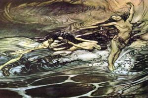 Gemälde mit dem Titel "Die Meerjungfrauen" von Arthur Rackham zeigt zwei Gestalten im Meer: eine Meerjungfrau in einem langen, dunklen Kleid mit langen Haaren links und eine Frau in einem smaragdgrünen Kleid rechts, beide mit friedlichen Gesichtern, unter einem tiefblauen Meer mit weißgekronten Wellen und einem warmen orangen Sonnenuntergang.