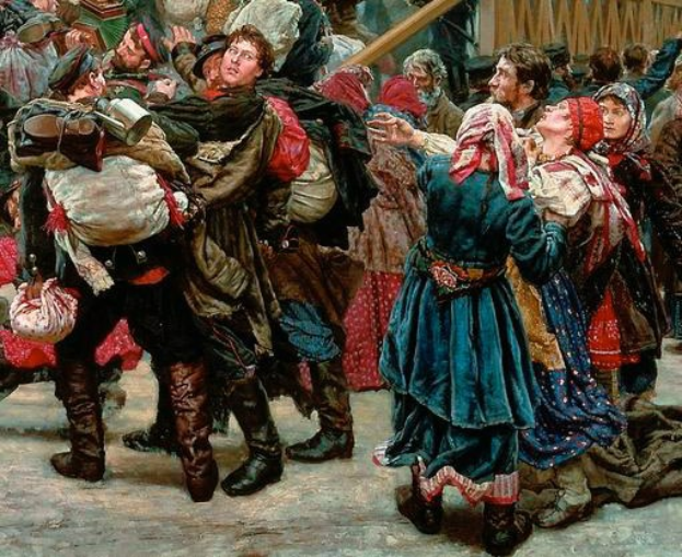 Gemälde von Menschen in traditioneller russischer Kleidung, die vor einer Menge tanzen und Gegenstände halten, vor einem Holzhaus als Hintergrund während einer lebhaften, festlichen Szene aus der russischen Revolution.