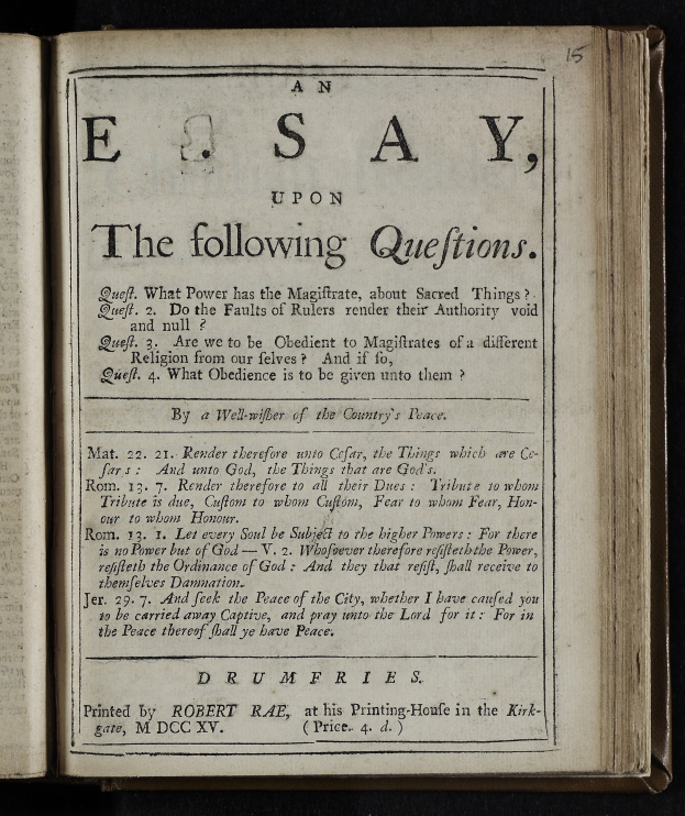 Offenes Buch mit dem Text "ein Essay über die folgenden Fragen" auf einem schwarzen Hintergrund.