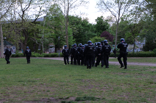 Eine Gruppe von Polizisten in schwarzen Uniformen und Helmen überquert ein grünes Feld mit Bäumen, Pflanzen, Gebäuden und einem klaren blauen Himmel im Hintergrund.