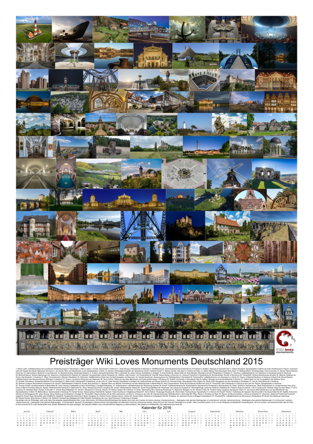 Ein Kalender mit dem Titel "Preisträger Wiki Loves Monuments Deutschland 2015" aus dem Jahr 2015, der ein Collage von deutschen Denkmälern zeigt.