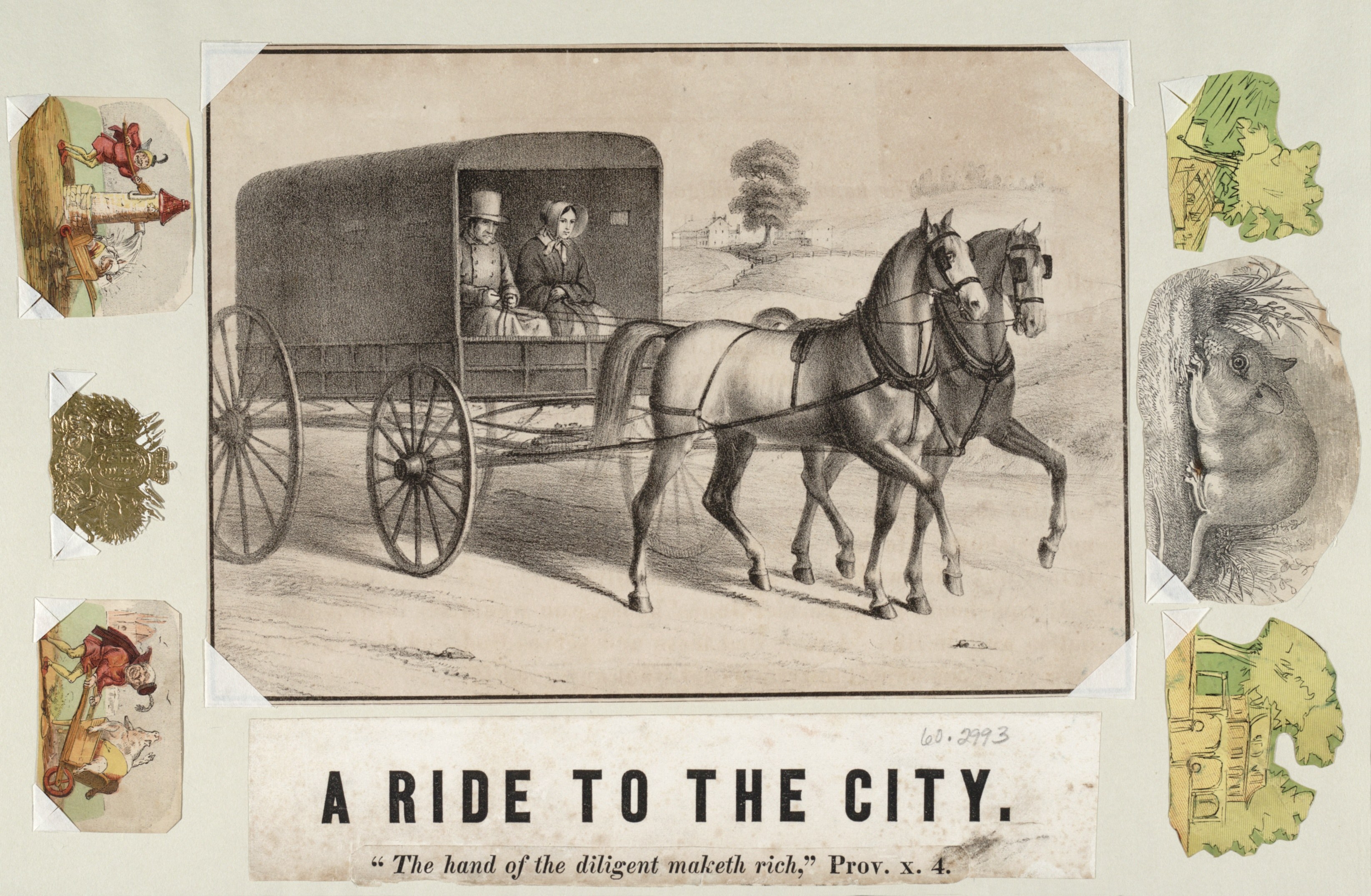 Pferdekutsche mit zwei Passagieren, umgeben von Bäumen, mit dem Text "eine Fahrt in die Stadt" unten.