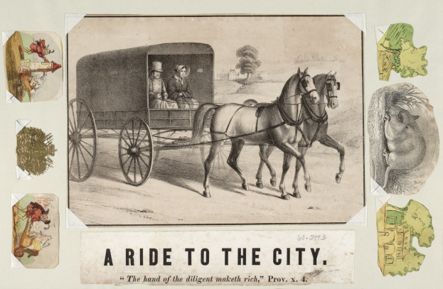 Pferdekutsche mit zwei Passagieren, umgeben von Bäumen, mit dem Text "eine Fahrt in die Stadt" unten.