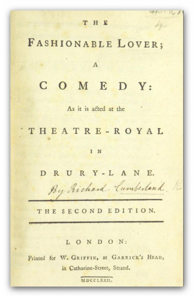 Ein Blatt mit dem Text "Der Modebewusste Liebhaber: Eine Komödie, wie sie im Theatre-Royal in Drury Lane gespielt wird" vor einem weißen Hintergrund.