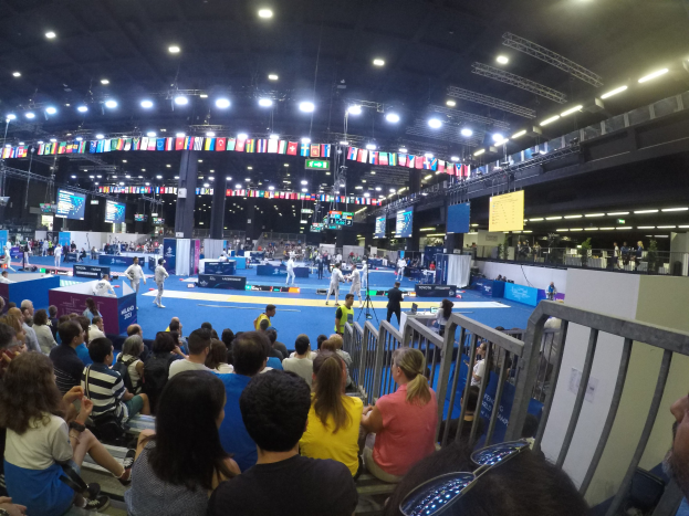 Eine große Sitz- und Stehkundschaft in einer Indoor-Sportarena mit Bildschirmen, Flaggen und Deckenbeleuchtung im Hintergrund.