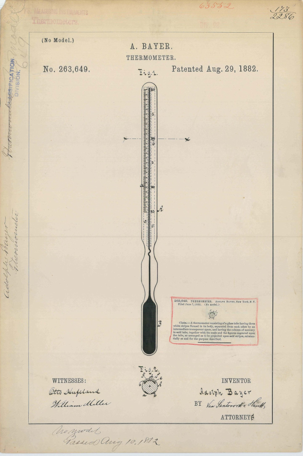 Altes Buch mit einer Zeichnung eines "Bayer Thermometers" beschriftet mit "Patent Nr. 263,649" auf dem Cover.