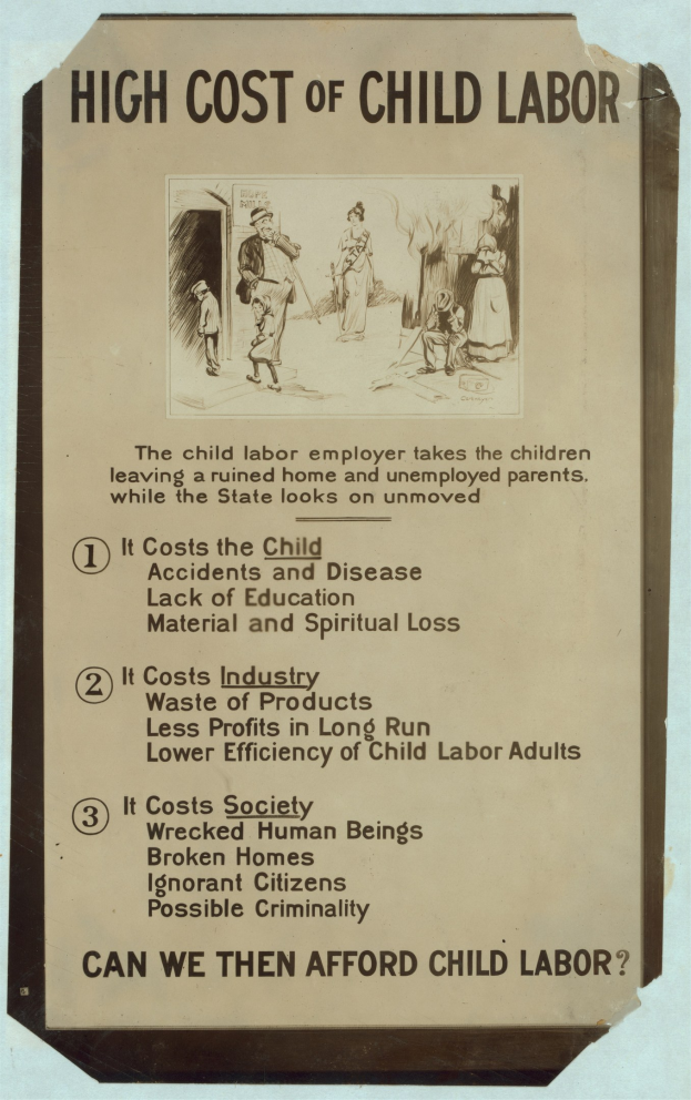 Plakat mit der Aufschrift "Hohes Kindesarbeit" auf blauem Hintergrund, weißer Schrift und weißem Rand, mit kreisförmiger Anordnung von Bildern diverser Menschen.