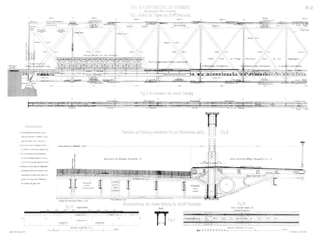 Ein detailliertes Bild einer Brücke, einschließlich der Kaiserbrücke in Bremen, begleitet von Text auf demselben Blatt Papier.