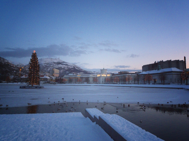 Eine Stadtansicht mit Gebäuden, Häusern, Bäumen und Pflanzen auf beiden Seiten, einem Weihnachtsbaum mit Lichtern auf der linken Seite, Bergen und Schnee im Hintergrund, einem bewölkten Himmel darüber und ein paar Vögeln auf dem Wasser darunter.