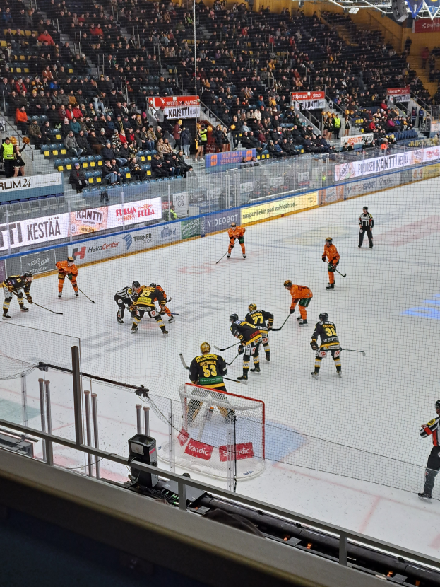 Eine Gruppe von Menschen, die Hockey auf einem Eisplatz mit einem Netz und einem Zaun spielen, Zuschauer sitzen im Hintergrund, und beleuchtet von Scheinwerfern in einer Arena.