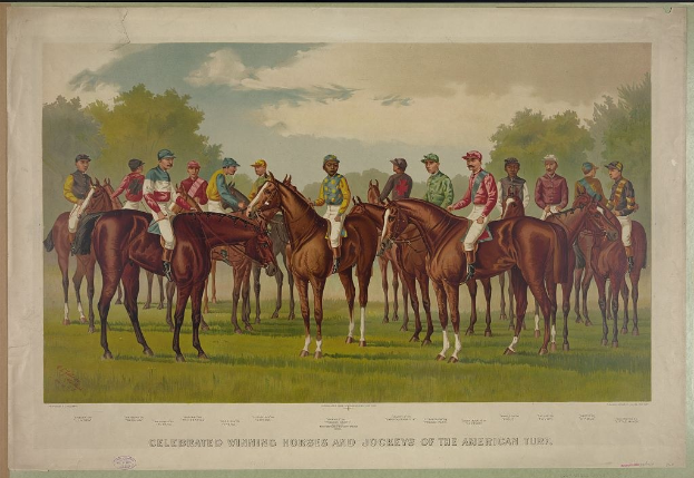 Gruppe von Menschen, die auf Pferden auf einer grünen Wiese mit Bäumen und einem blauen Himmel reiten, mit Text unten: "Feier der siegreichen Pferde und Jockeys des amerikanischen Turfs."
