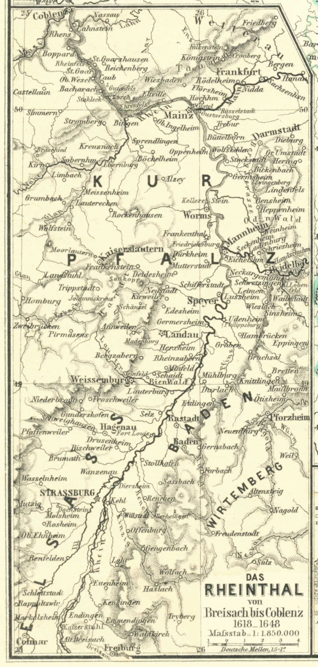 Detailierte alte Karte des Rheins in Deutschland, die Flüsse, Städte und geografische Merkmale zeigt, mit Text oben und unten.