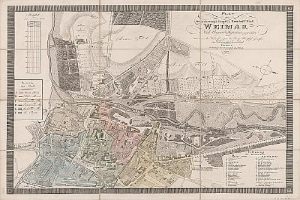 Detailiertes altes Stadtplan von Weimar, Deutschland, mit Straßen, Gebäuden und Sehenswürdigkeiten sowie zusätzlichem Text über die Bevölkerungszahl und bemerkenswerte Merkmale.