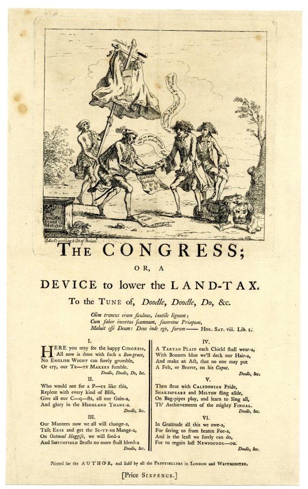 Ein Blatt mit einer Zeichnung einer vielseitigen Gruppe von Menschen in traditioneller Kleidung und dem Text "The Congress or, Device to Lower the Land-Tax" in fetter Schrift, umgeben von einem dekorativen Rahmen.