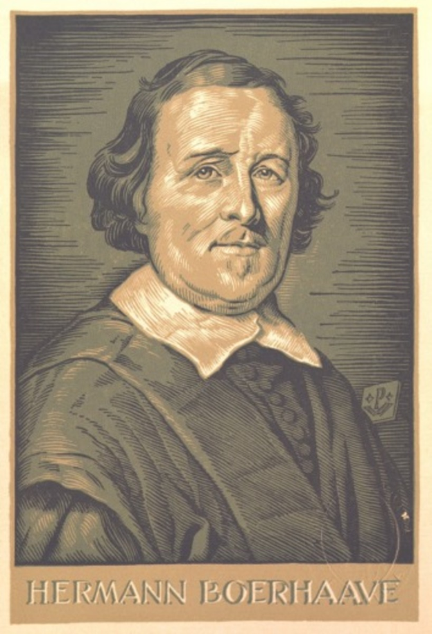 Porträt von Hermann Boerhaave, einem deutschen Philosophen, mit Text unten im Bild.