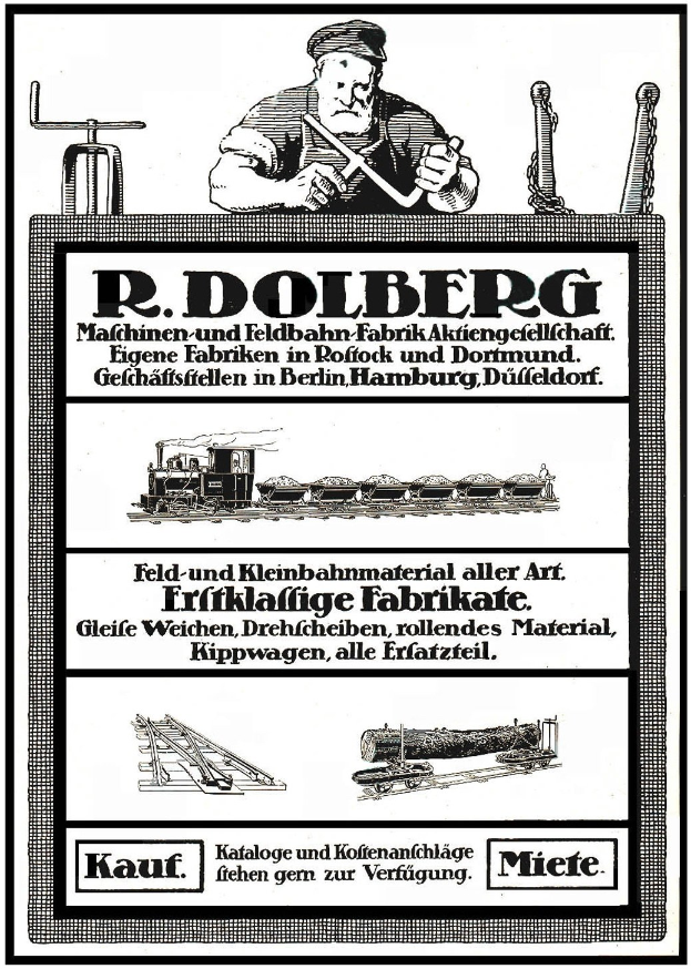 Werbeplakat für die Fabrik von R.D. Dolberg in Hamburg, Deutschland, mit Text, einer Person, einem Zug und anderen Objekten.