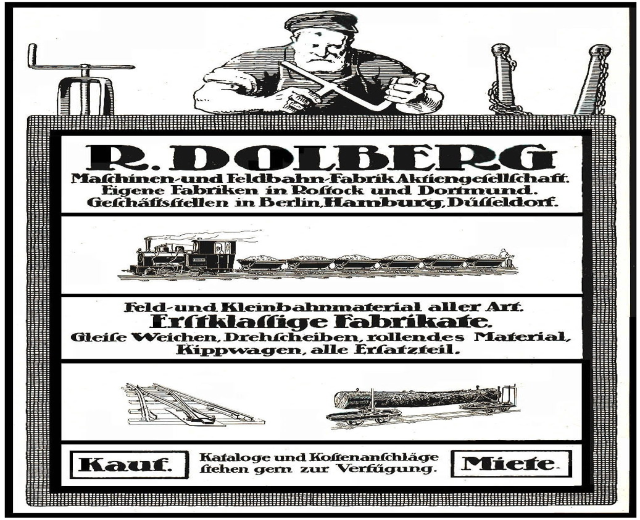 Werbeplakat für die Fabrik von R.D. Dolberg in Hamburg, Deutschland, mit Text, einer Person, einem Zug und anderen Objekten.