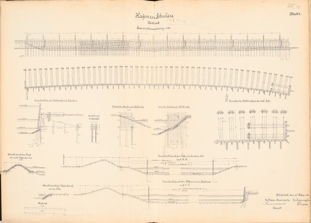 Ein aufgeschlagenes Buch mit einer detaillierten Zeichnung einer Eisenbahnschiene, umgeben von Text und anderen Illustrationen, zeigt einen Überblick über das Eisenbahnsystem.