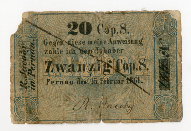 Ein altes deutsches 20-Mark-Banknoten von 1861 mit Text und Zahlen, die seinen Nennwert angeben, vor einem weißen Hintergrund.