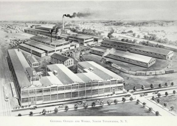 Luftaufnahme einer rauchenden Fabrik umgeben von Gebäuden, Bäumen und Fahrzeugen mit dem Text "General Office and Works, North Tonawanda, New York" unten.