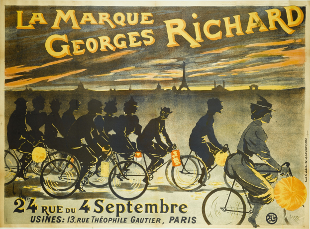 Ein Plakat für ein Fahrradrennen in Paris mit Fahrradfahrern und der Eiffelturm im Hintergrund und Werbetext.