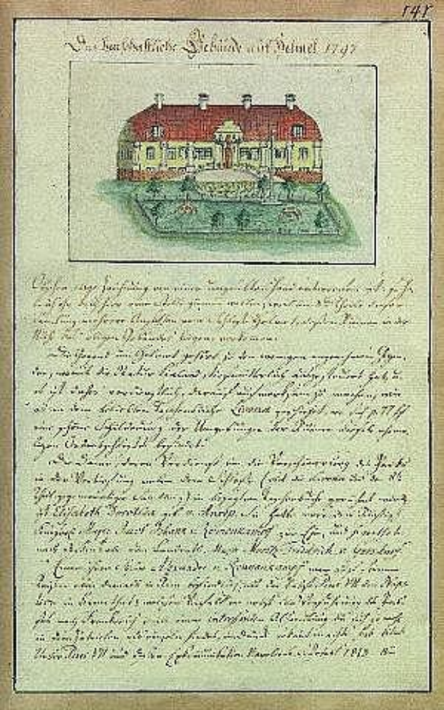 Altes Dokument aus dem Jahr 1797 mit einer detaillierten Zeichnung eines weißen Hauses mit rotem Dach, signiert von der Schleswig-Holstein-Schule Delmar in Deutschland.