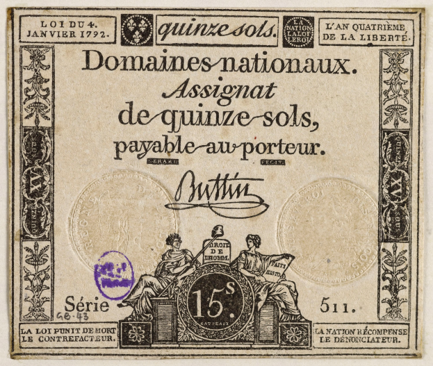 Ein altes französisches Banknotenbild mit einem Mann im Anzug und einer Frau in einem Kleid, die ernst nebeneinanderstehen, begleitet von Text und einem Stempel.