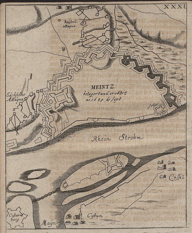 Alte Karte von Meintz, Deutschland, zeigt Straßen, Gebäude und Sehenswürdigkeiten mit beschreibendem Text einschließlich Bevölkerung, Lage und Geschichte.