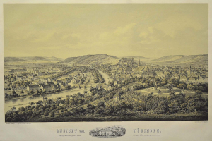 Ein altes Stadtplan von Tübingen, Deutschland, mit Bäumen, Gebäuden, Hügeln und einem Himmel, mit Text unten.