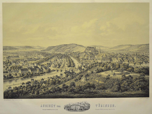 Ein altes Stadtplan von Tübingen, Deutschland, mit Bäumen, Gebäuden, Hügeln und einem Himmel, mit Text unten.