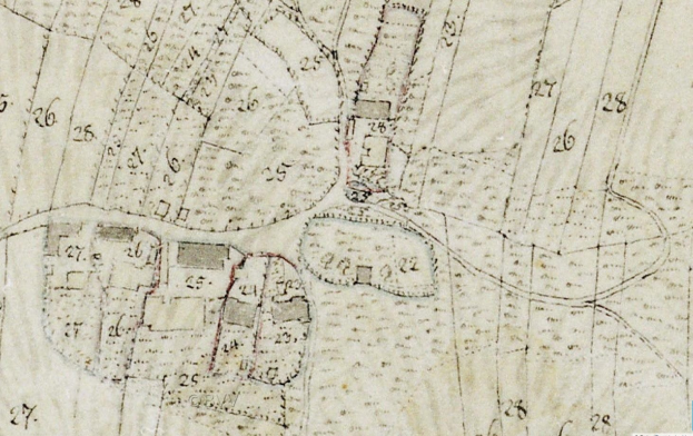 Alte detaillierte Stadtkarte mit nummerierten Geb├Ąuden, Stra├čen und Text, die einen vorgeschlagenen Entwicklungsbereich unten zeigt.