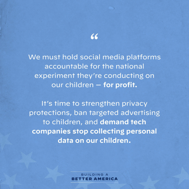 Plakat mit einem Zitat aus "Building a Better America", das besagt: "Wir müssen die sozialen Medien-Plattformen für das nationale Experiment zur Verantwortung ziehen, das sie an unseren Kindern durchführen - zum Profit.", dekoriert mit Sternen.