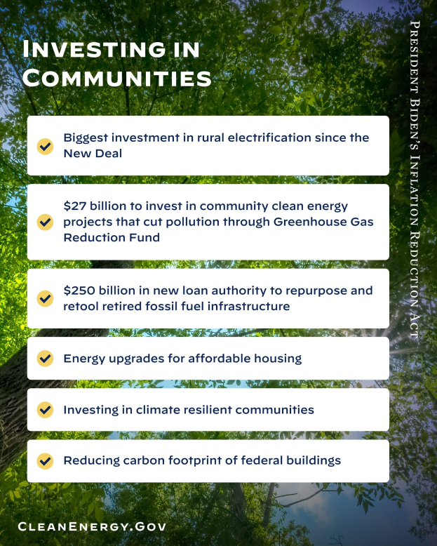 Plakat mit Bäumen und Himmel im Hintergrund, mit der Aufschrift "Investing in Communities: Größte Investition in ländliche Elektrizität seit dem New Deal".