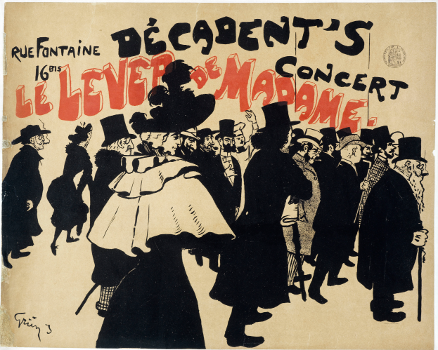 Ein Plakat, das ein Konzert in Paris, Frankreich, ankündigt, zeigt eine Gruppe von Menschen, einige tragen Hüte, mit dem Text 'Decadent's Le Lever de Madame'.