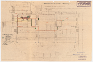 Schwarze-weiße Architekturzeichnung des Rosenhof-Krankenhauses in Hamburg, Deutschland, mit detaillierten Grundrissen mit beschrifteten Räumen, Fluren und umfangreicher Außenverkabelung.