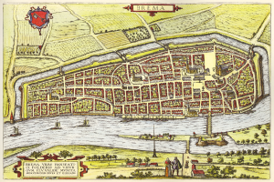 Ein detailliertes Stadtplan-Poster von Bremen, Deutschland, das Straßen, Gebäude und Sehenswürdigkeiten zeigt.