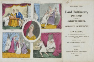 Ein historisches Dokument, das den Prozess von Lord Baltimore gegen die Vergewaltigung von Sarah Woodcock und Elizabeth Griffinburg zeigt, mit Illustrationen von Menschen, Vorhängen und Text.