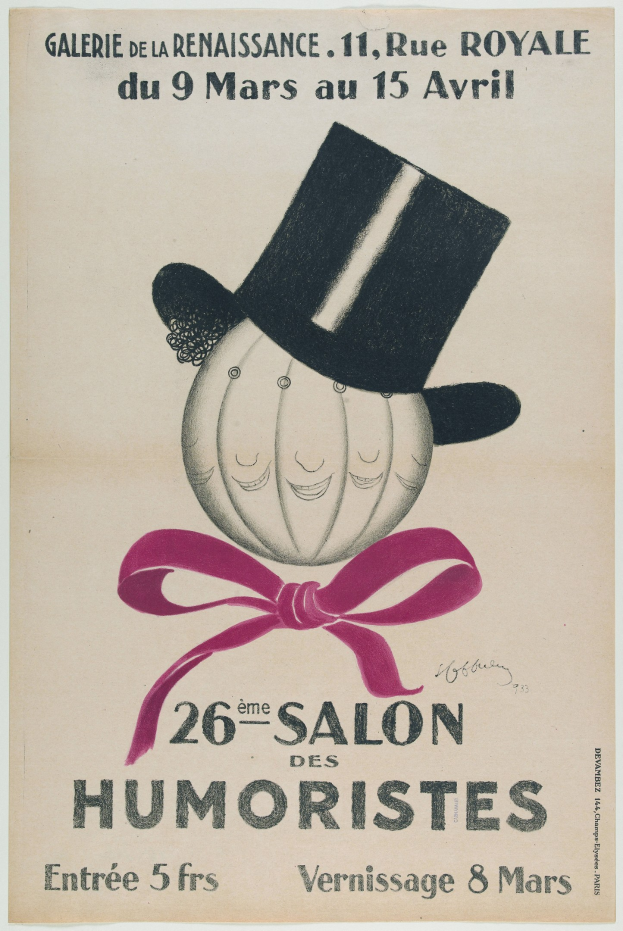 Plakat für einen Salon mit einem Mann in einem Zylinder mit Textwerbung.